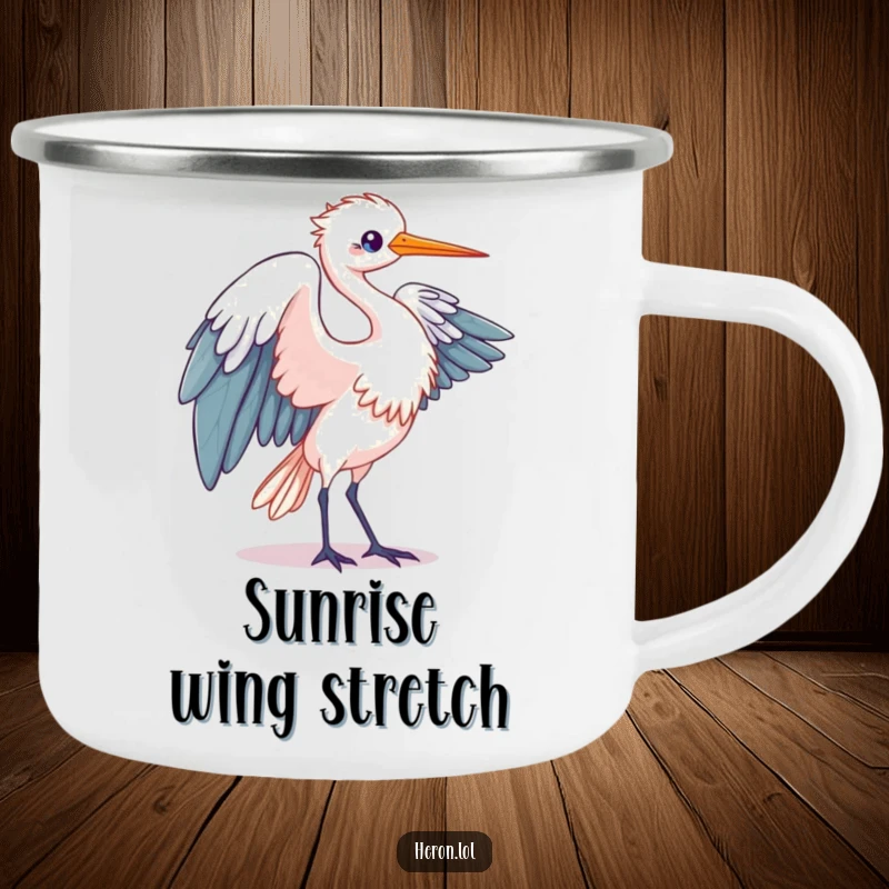 Funny Kawaii Heron Camping Mug: Rugged mug with a bird in elegant wing unfurling motion, perfect for humorous outdoor sipping.