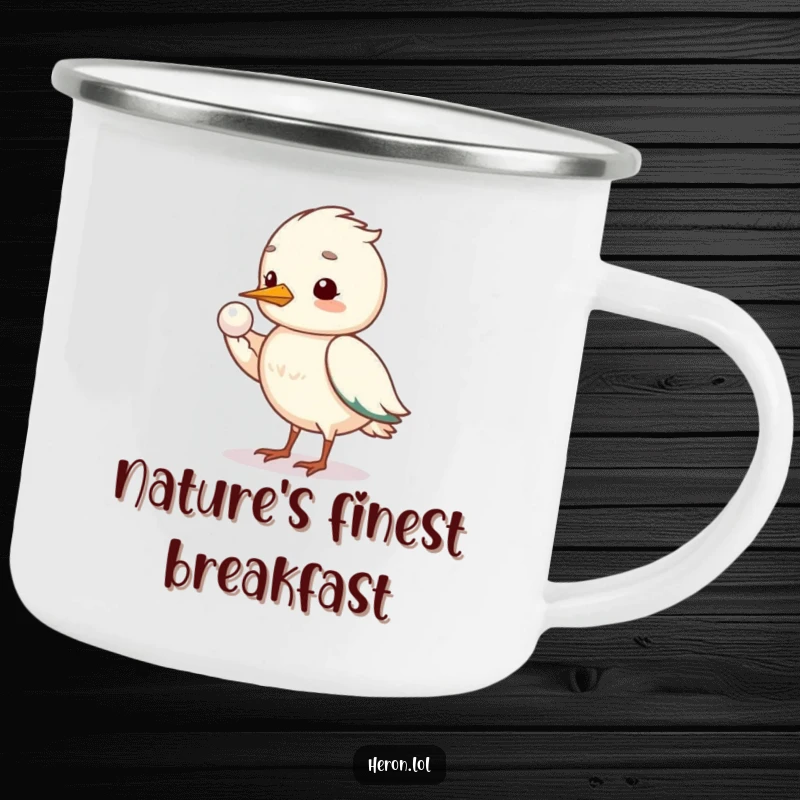 Funny shy heron camping mug with a bird offering a pearl, designed for humorous outdoor enjoyment.
