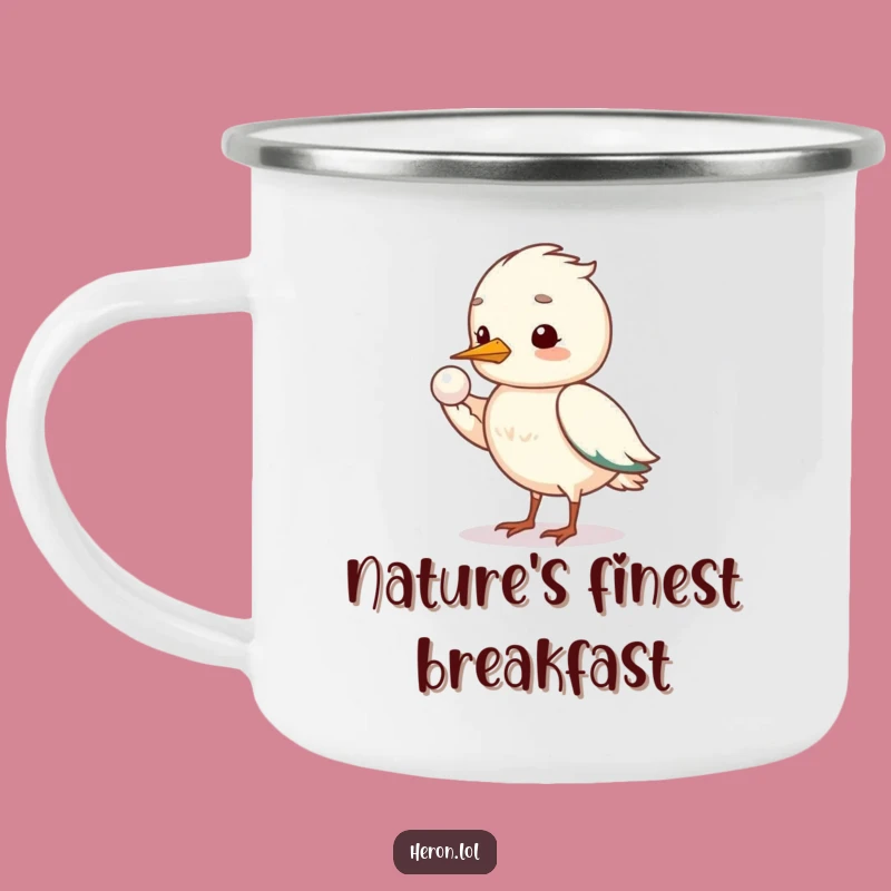 Funny Shy Heron Camping Mug: Gentle Pearl Offering Outdoors