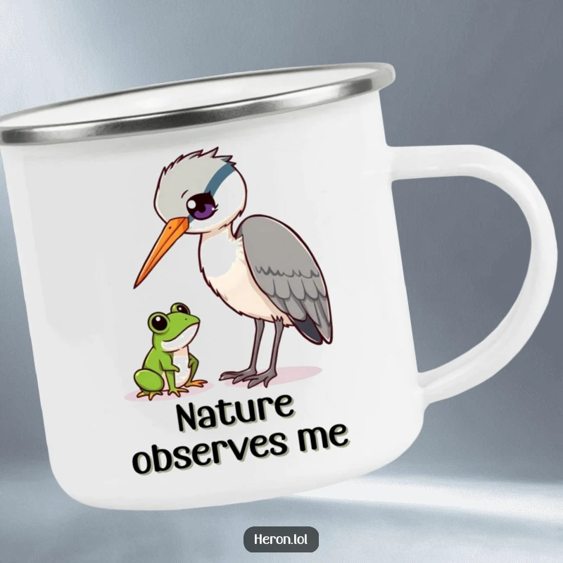 Funny Heron and Frog Camping Mug: Heron bird curiously observing a tiny frog, outdoor cup, wildlife humor, funny gift.