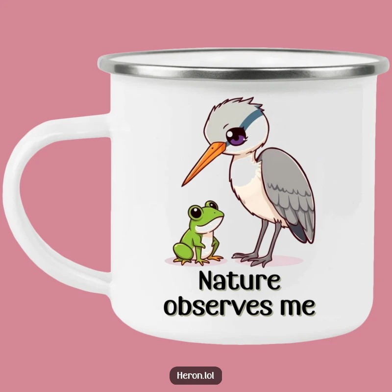 Funny Heron and Frog Camping Mug - Outdoor Wildlife Humor Cup