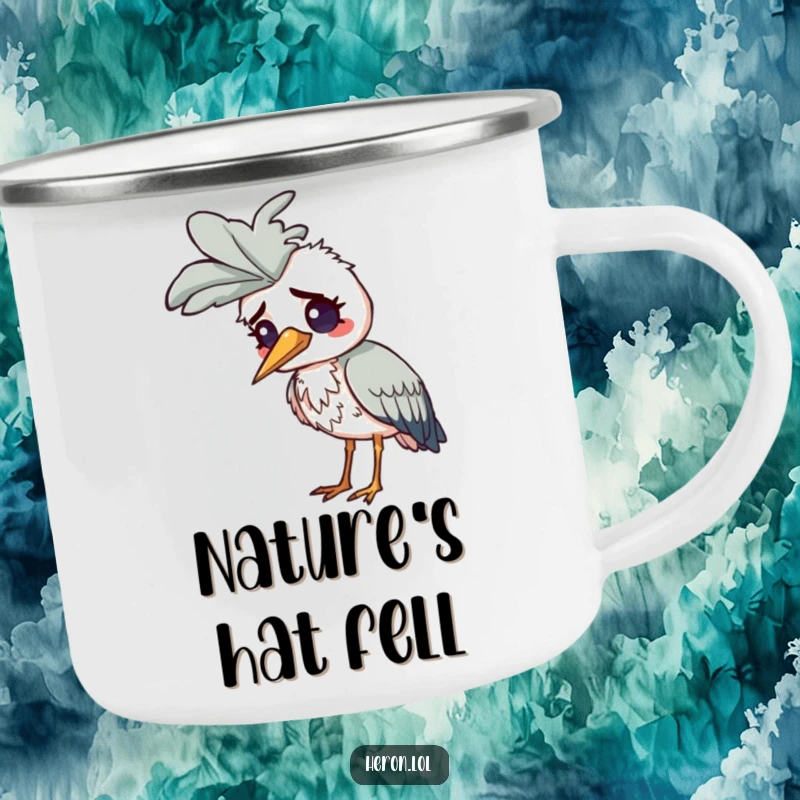 Funny Confused Heron Camping Mug: A heron looks perplexed with a comically large feather stuck on its head in nature.