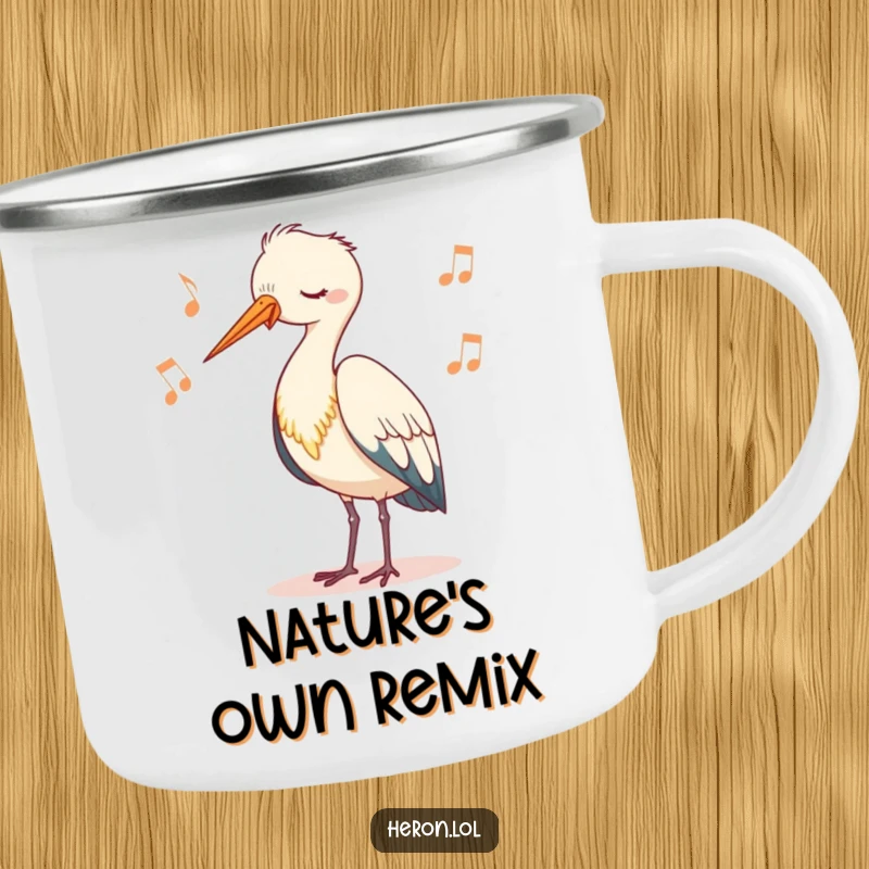 Funny camping mug featuring a cute heron character bobbing its head rhythmically, designed for outdoor enjoyment and serene, nature-themed fun.
