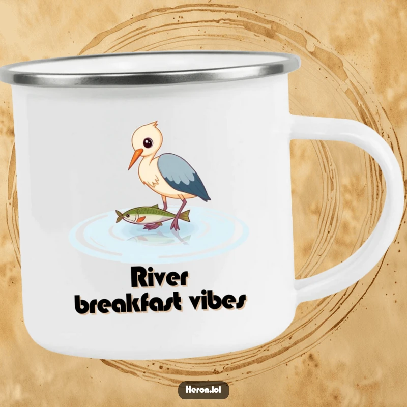 Funny Heron Camping Mug: Cute bird wading in water to catch a fish, ideal for humorous outdoor adventures and nature lovers.