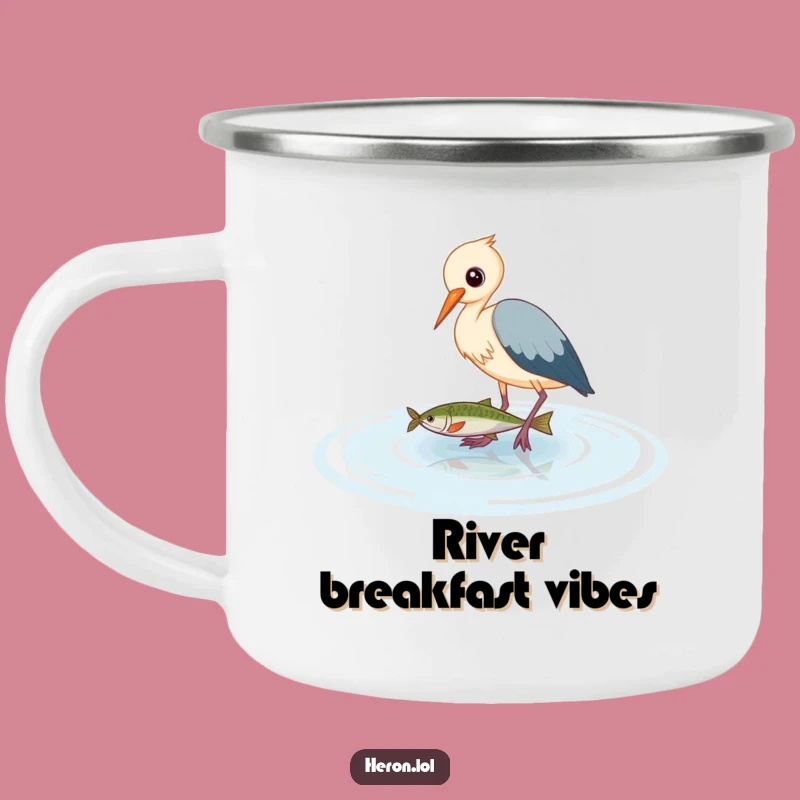 Funny Heron Camping Mug: Cute Bird Wades for Fish, Humorous Outdoor Drinkware