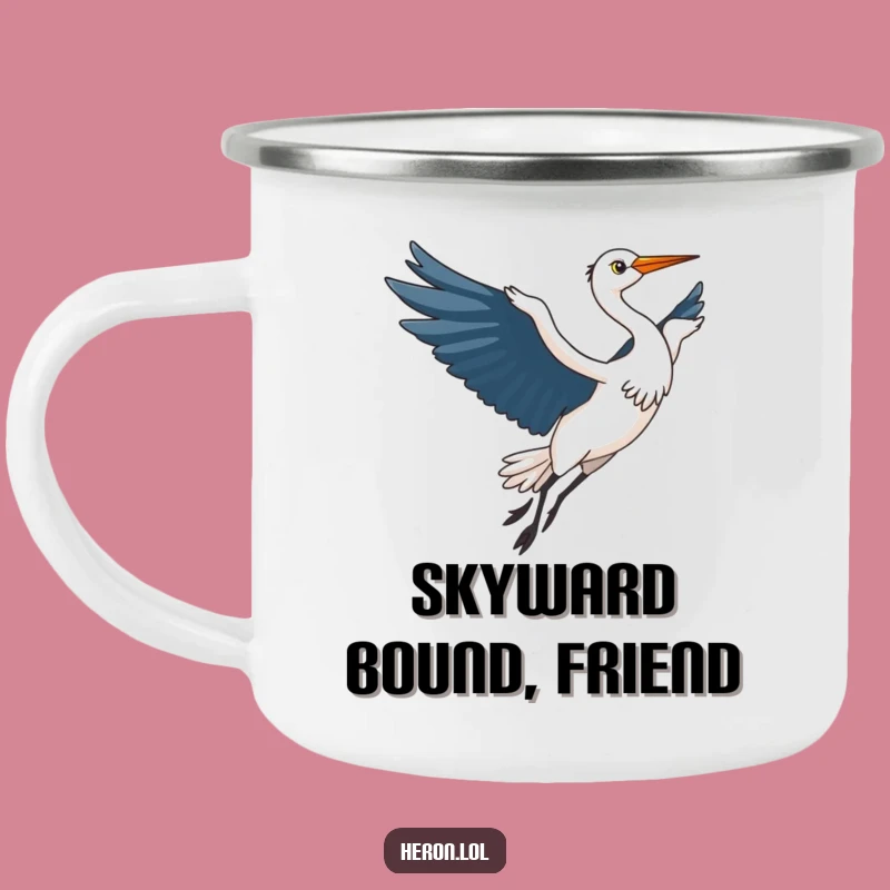 Funny Kawaii Heron Camping Mug: Elegant Bird Flight, Humorous Outdoor Drinkware