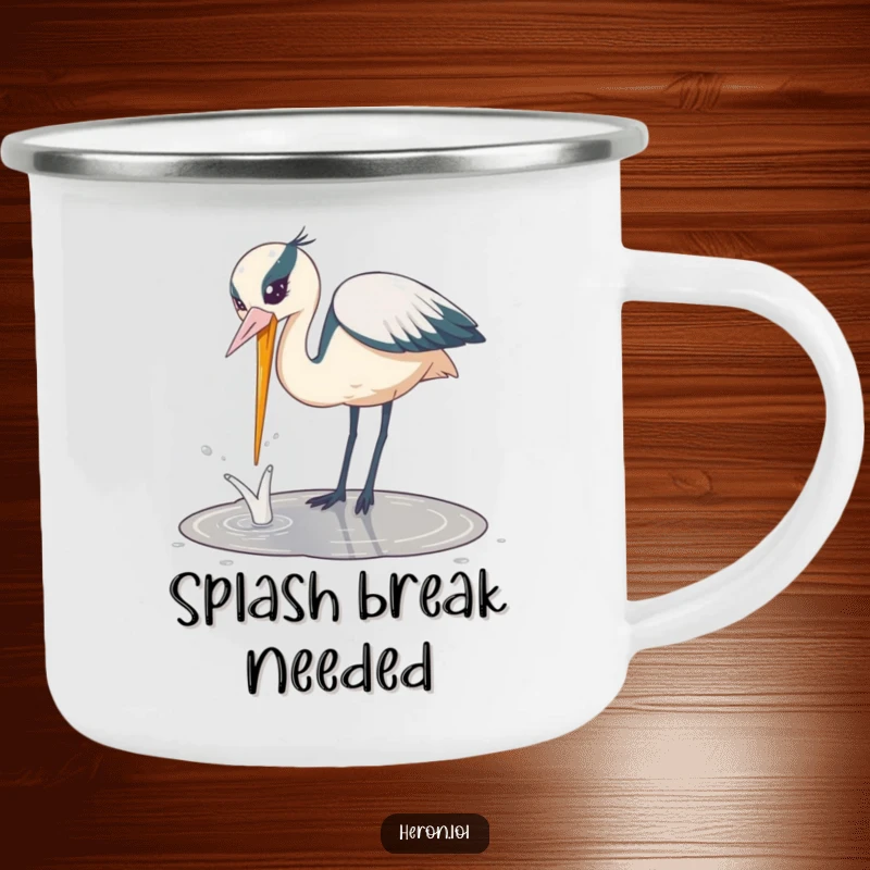 Funny Playful Heron Camping Mug: Playful heron bird dipping its beak into a puddle with a splash, ideal for humorous outdoor fun.
