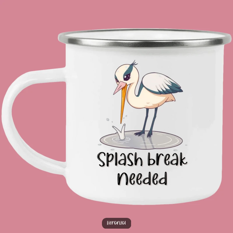 Funny Playful Heron Camping Mug: Bird Dips Beak, Humorous Outdoor Drinkware