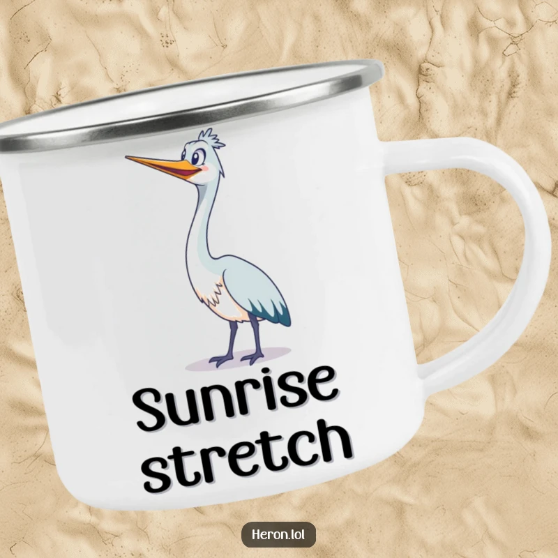 Funny cute heron stretching its long neck upwards with a wide grin on an enamel camping mug.