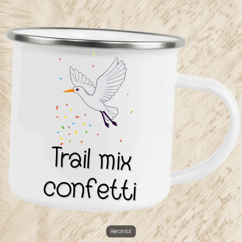 Funny Camping Mug with a vibrant image of a heron flying joyfully through a confetti shower, ideal for enjoying drinks in the great outdoors.