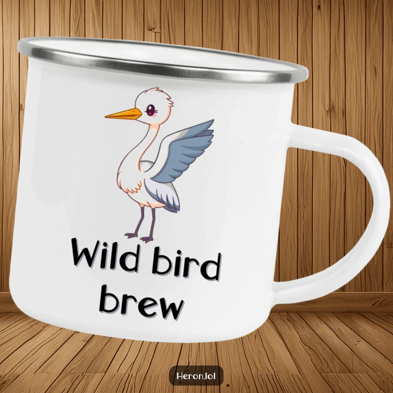Funny Kawaii Heron Camping Mug where a long-necked heron loops playfully in the air, perfect for outdoor enjoyment and a cute laugh.