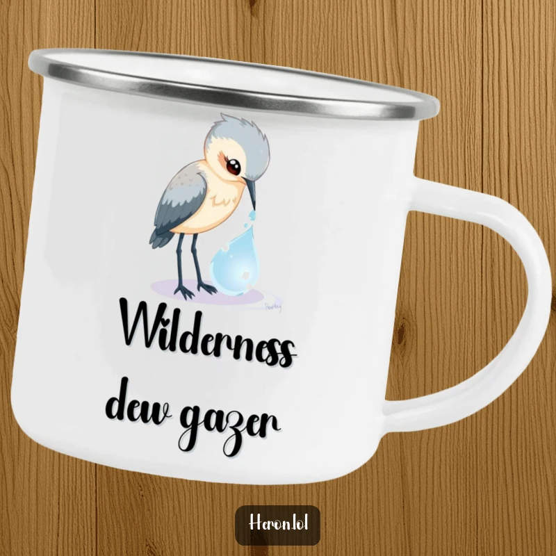 Funny Heron Camping Mug: Curious bird peers into a magical dewdrop, perfect for outdoor enjoyment with whimsical humor.