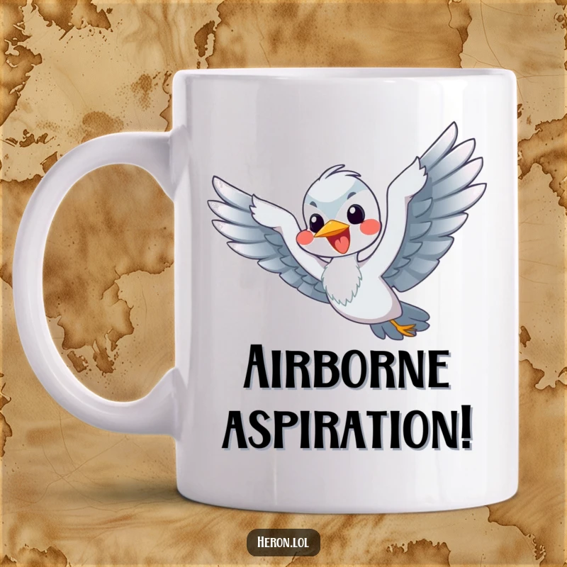 Funny Flying Heron Mug: A happy heron enthusiastically flaps its flippers, pretending to fly with glee.