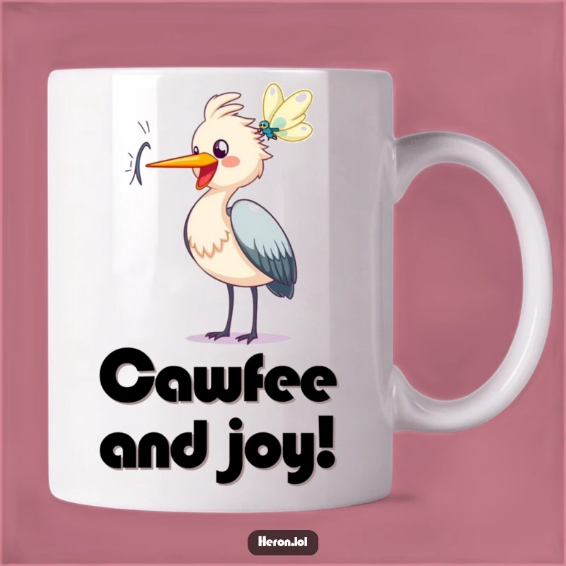 Funny Heron Caw Mug - Joyful Dragonfly Chaser, Happy Bird Cartoon, Perfect Gift