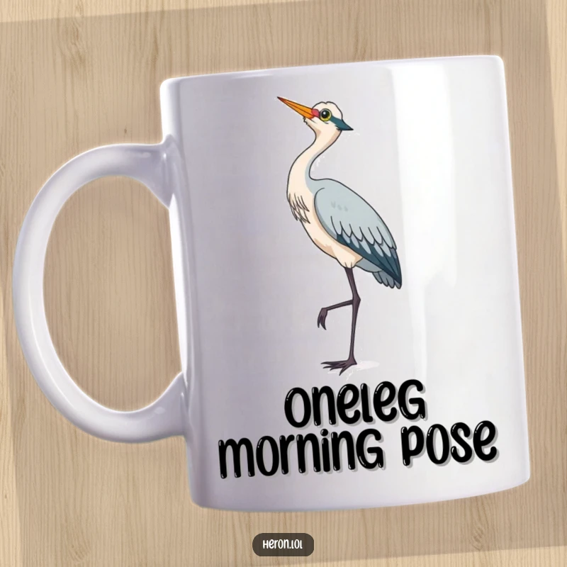 Cute heron standing on one leg, looking up thoughtfully at the sky, a charming mug for bird admirers.