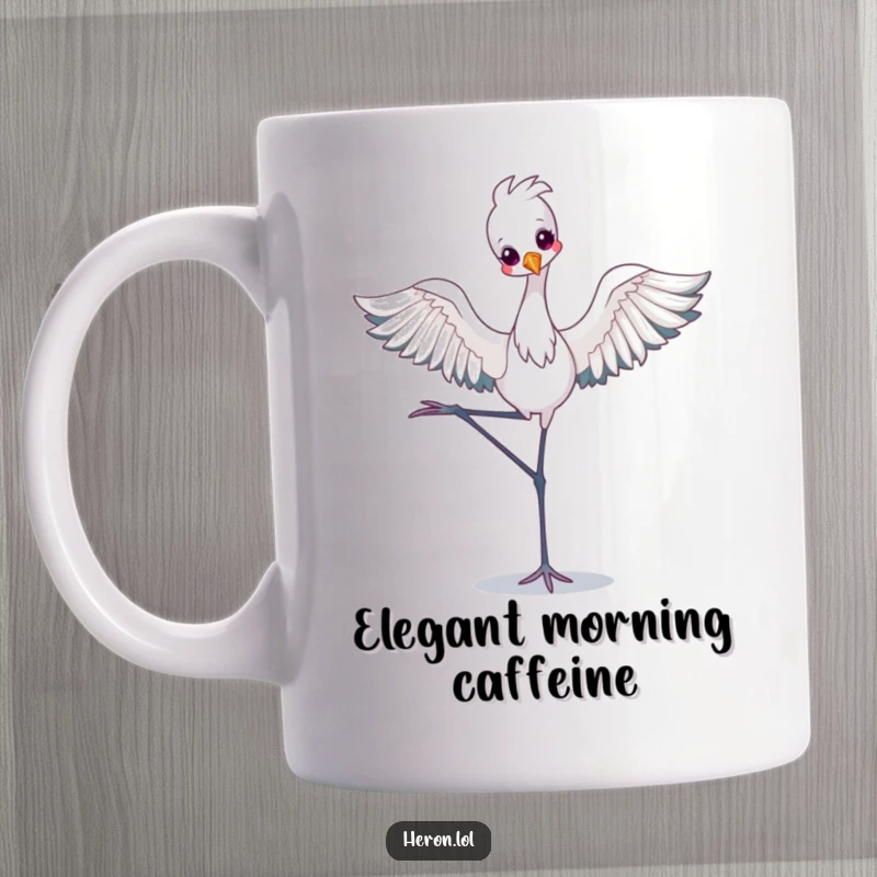 Funny Mug showcasing a kawaii heron in a delicate ballet pose on one leg, radiating charm and gentle humor with its sweet expression.