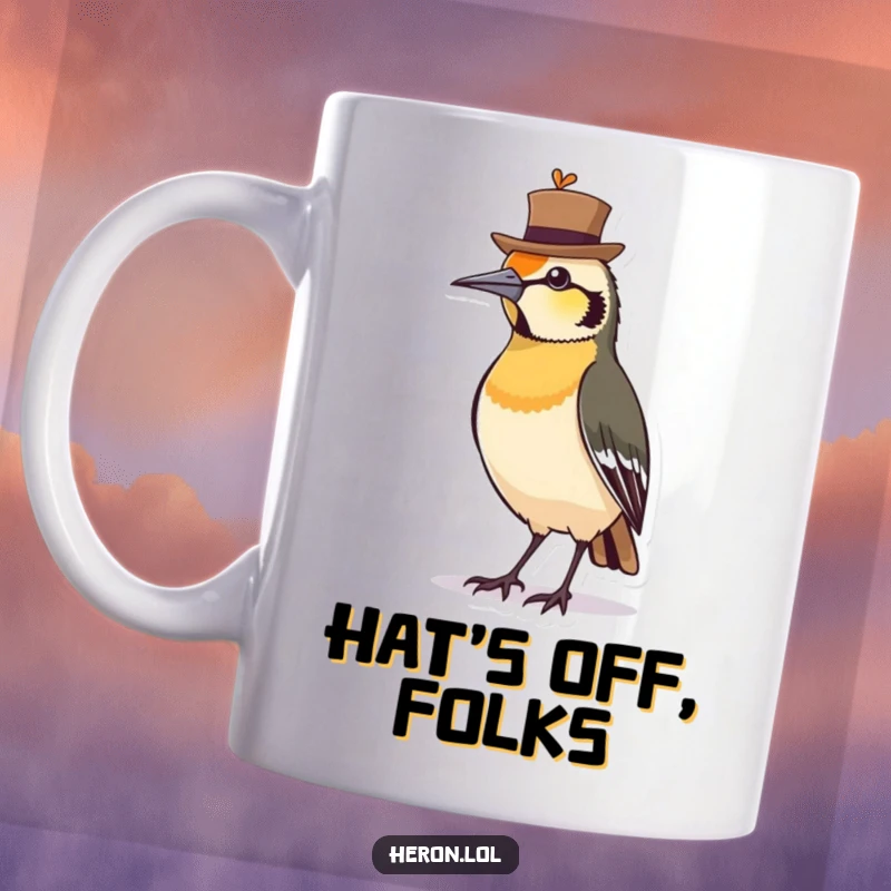 Funny Mug showcasing a proud bird wearing a tiny, jaunty hat, exuding confidence and charm.