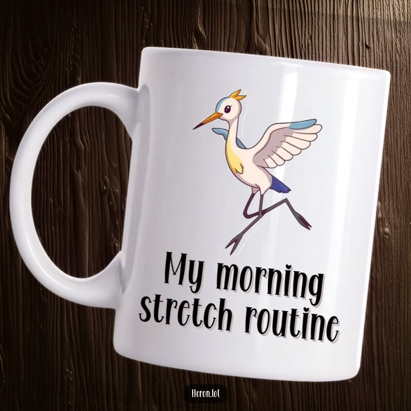Funny Mug featuring a slim heron with long legs captured mid-leap in the air, showcasing its surprising agility and playful spirit.