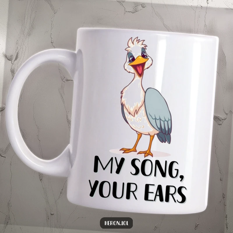 Funny goofy heron bird mug with a wide grin attempting to sing a loud song, conveying humorous enthusiasm.