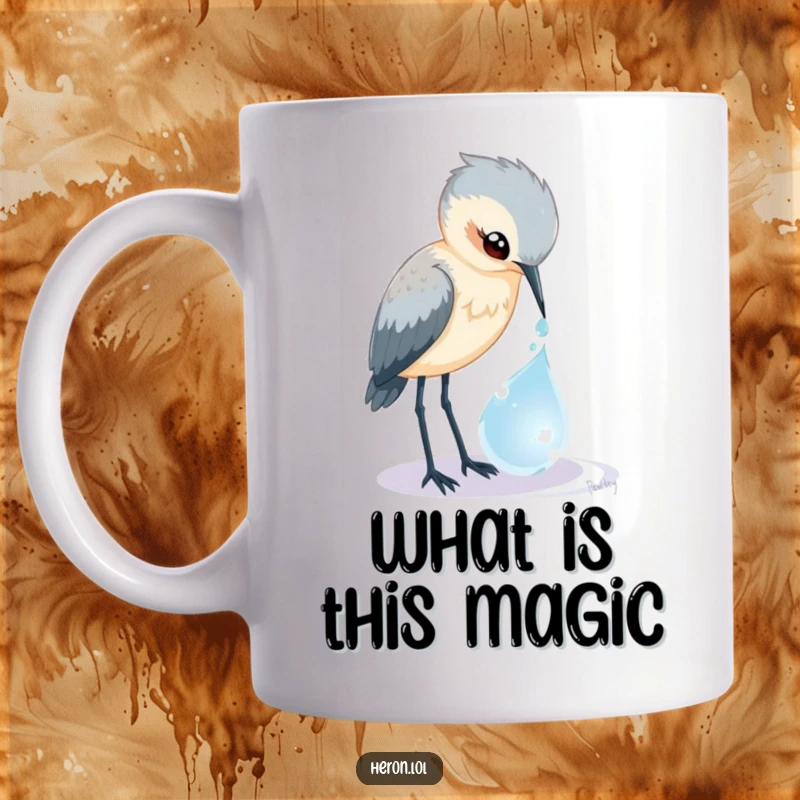 Funny Heron Mug: A curious bird peers into a glistening, magical dewdrop, inviting wonder and humorous discovery.