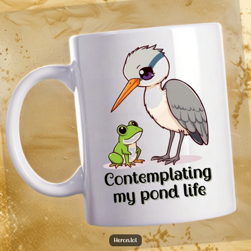 Funny Heron and Frog Mug: Curious heron bird tilting head, observing a tiny frog, wildlife humor, perfect gift.