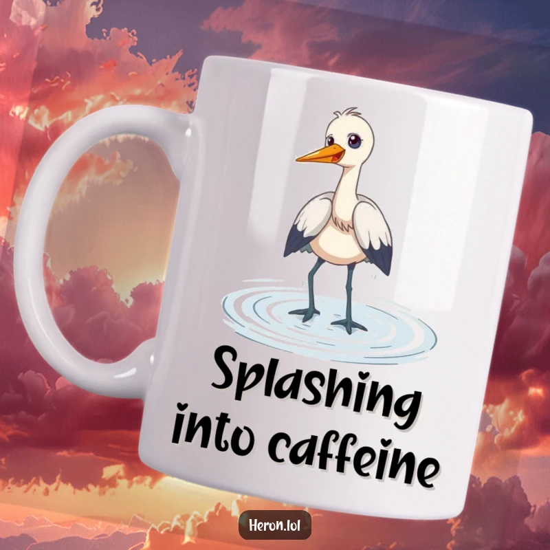 Funny Mug with a heron wading through shallow water, its face conveying a playful, giggling expression, radiating pure happiness and amusement.