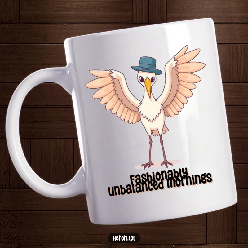 Funny mug featuring a heron with wide-spread wings awkwardly attempting to balance a tiny hat, capturing a moment of whimsical folly.