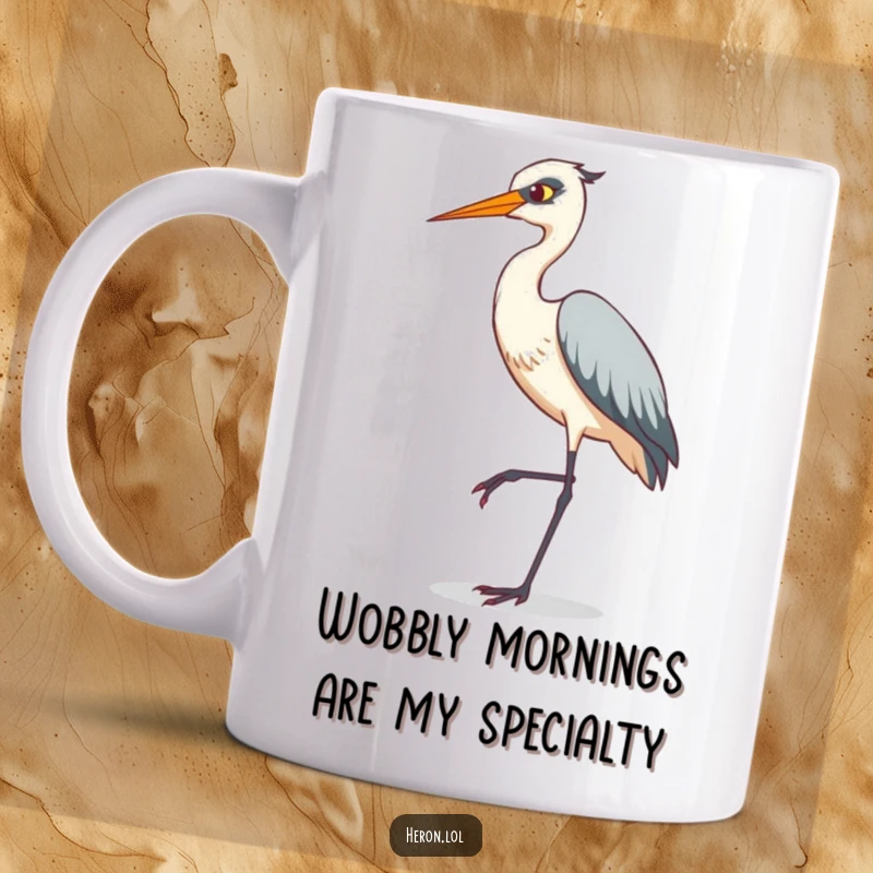 Funny mug showcasing a heron in a comical tiptoeing pose on a single, thin leg, highlighting its awkward yet amusing balance.