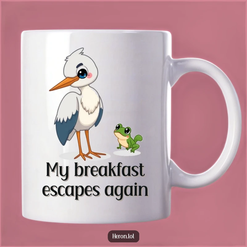 Funny Heron's Prank Mug: Mischievous Bird Watches Frog Escape - Perfect Funny Gift!