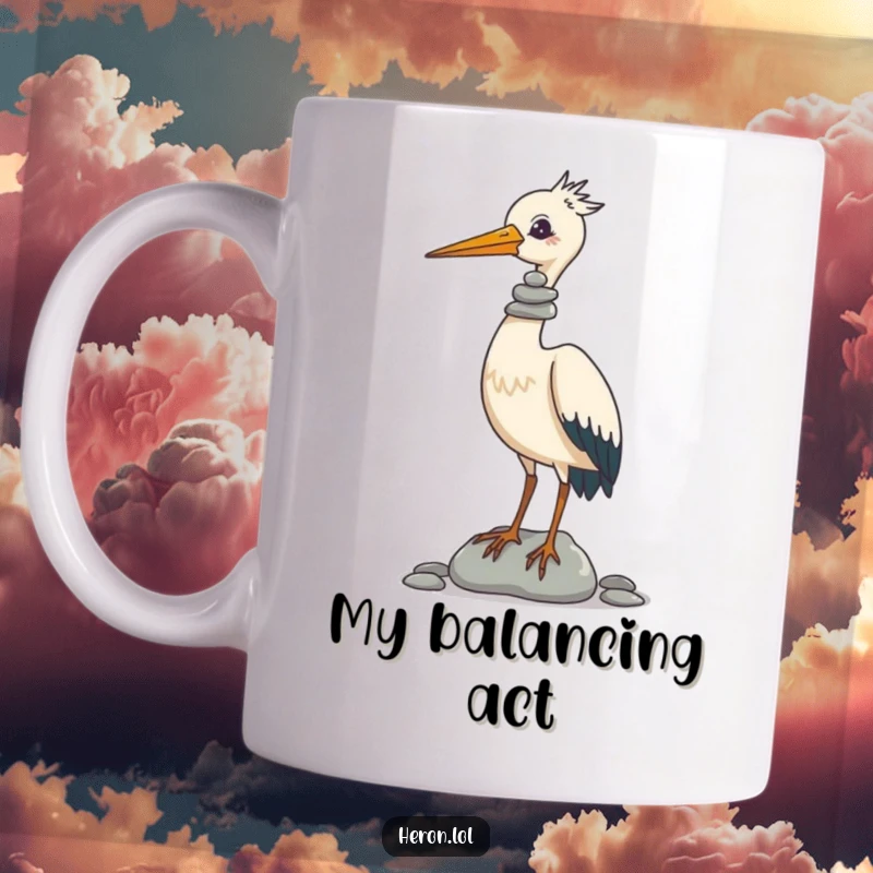Funny Mug featuring a serene heron skillfully balancing a tall stack of colorful pebbles on its beak in a comical display of focus.