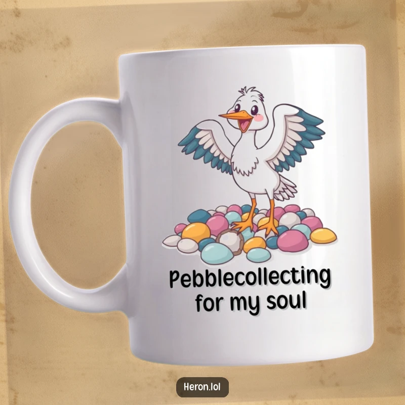 Funny mug showing a joyful heron bird flapping its wings near colorful pebbles, radiating happiness.