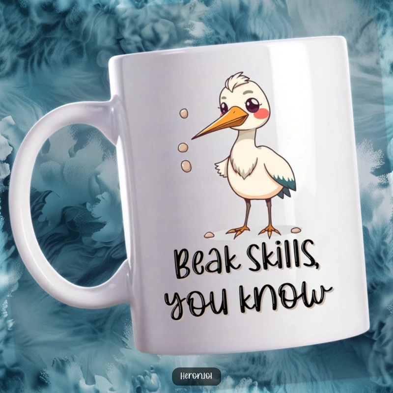 Funny mug showcasing a kawaii heron bird with an excessively large beak skillfully juggling small pebbles, bringing joy.
