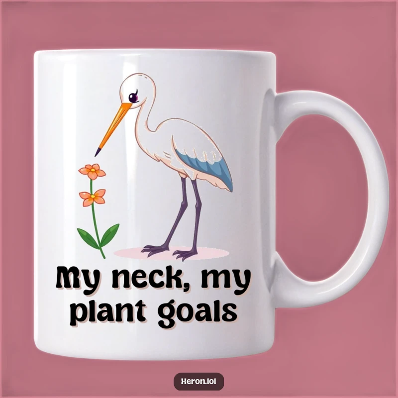 Funny Kawaii Heron Mug: Elegant Bird Reaching Flower, Perfect Humorous Gift