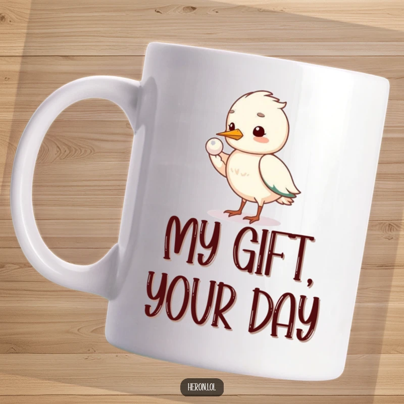 Funny shy heron bird mug with its wing offering a shimmering pearl, conveying gentle and humorous charm.