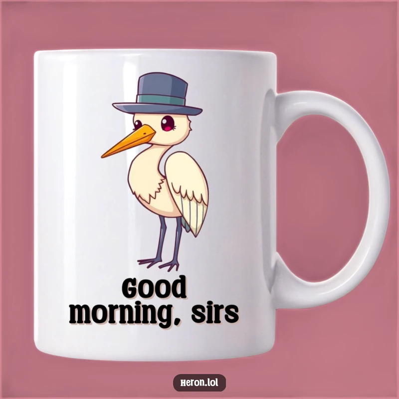 Funny Heron Hat Tip Mug: Elegant Bird Gift with Humorous Politeness