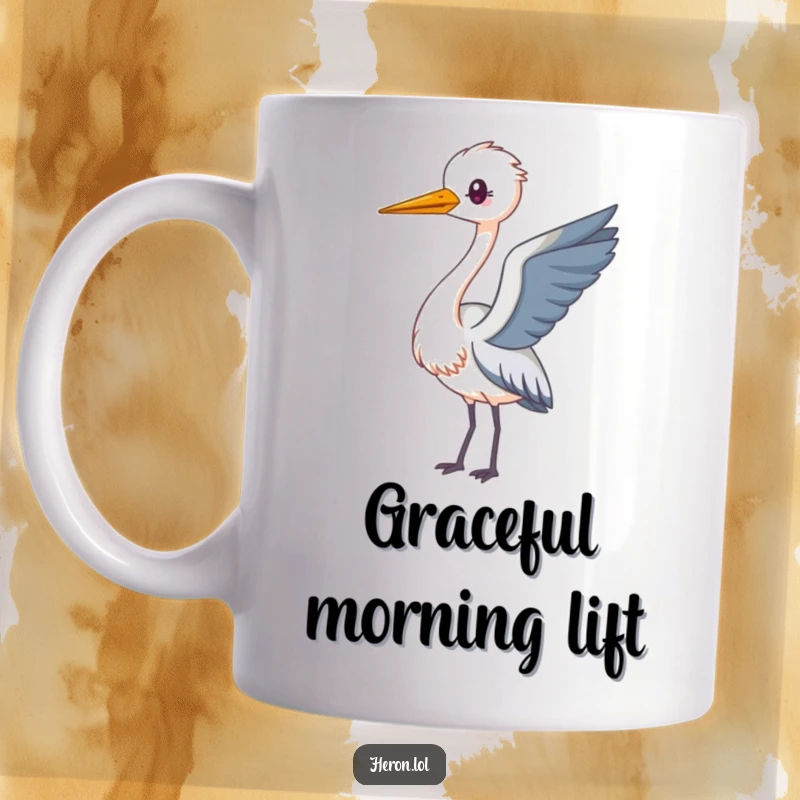 Funny Kawaii Heron Mug featuring an adorable heron with a long neck, playfully looping in the air with a happy expression.