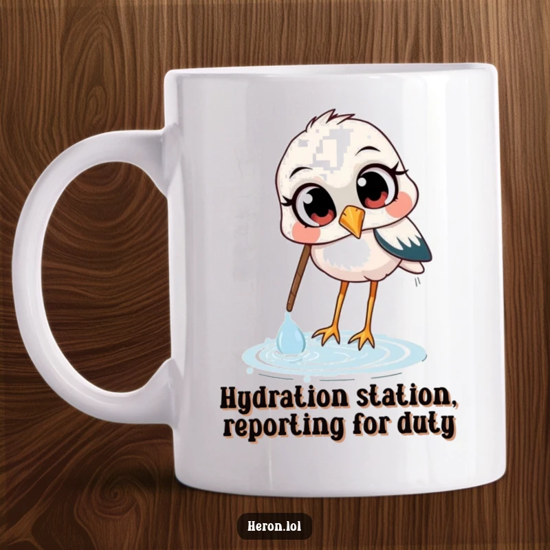 Funny mug featuring a heron with wide, curious eyes skillfully scooping water with its beak, capturing a moment of gentle fascination.