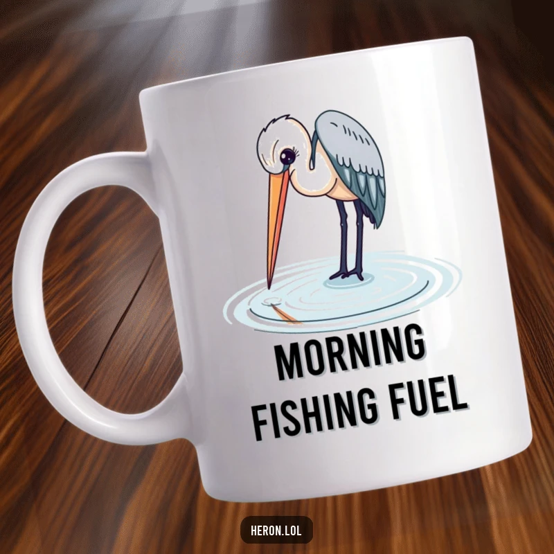 Elegant heron with a long beak delicately dipping into calm water, a serene and beautiful mug for bird enthusiasts.