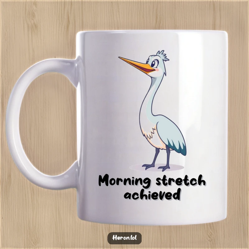 Funny cute heron stretching its long neck upwards with a wide grin, joyful bird mug.