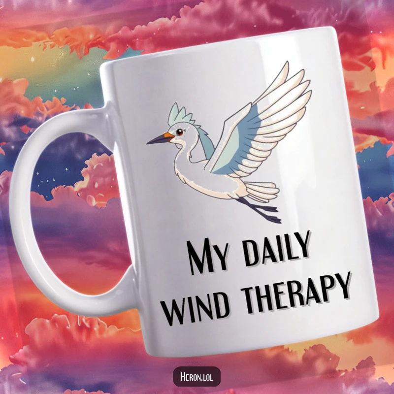 Funny Heron Bird Mug: Majestic bird with outstretched wings soaring gracefully on a gentle breeze, a symbol of freedom and flight.
