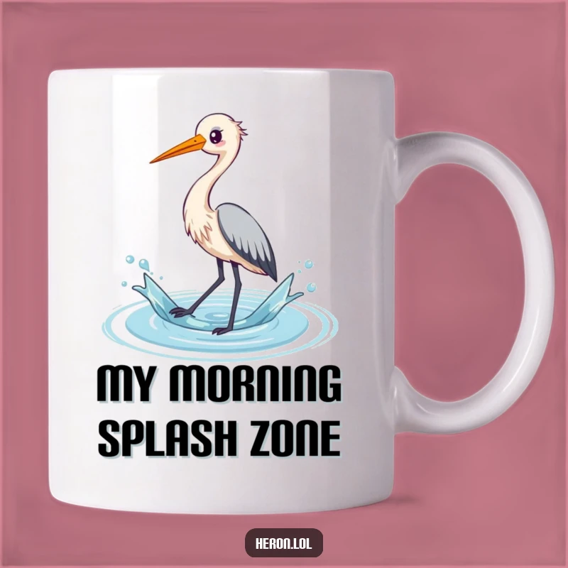Funny Kawaii Heron Mug: Playful Water Splash Design, Perfect Gift for Bird Lovers