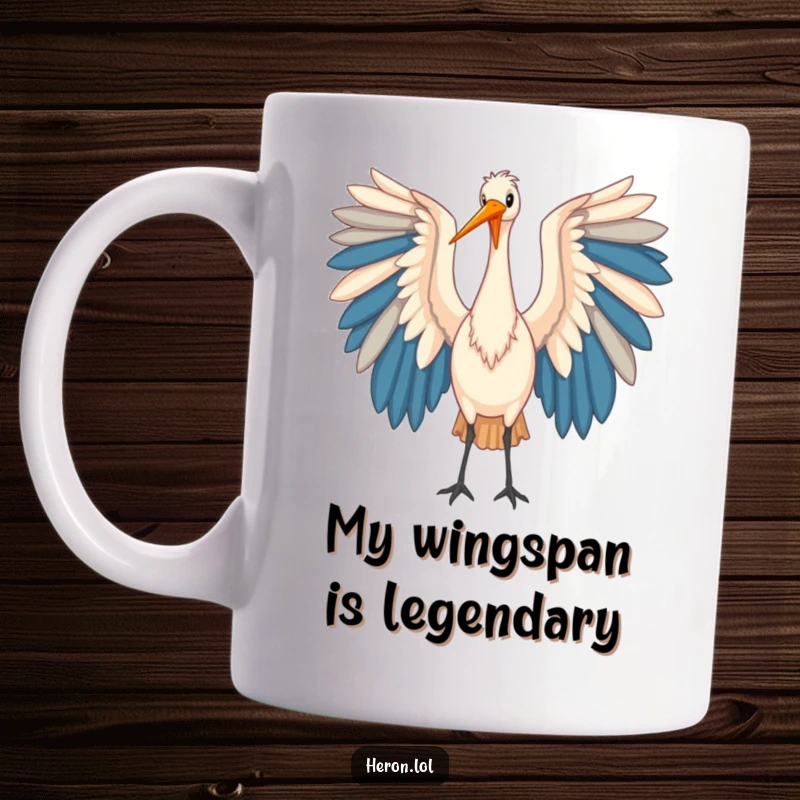 Funny Heron Wings Mug: A majestic heron elegantly unfurls large, colorful wings in a graceful flight, symbolizing freedom and beauty.