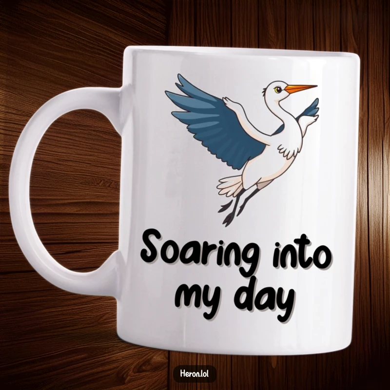Funny Kawaii Heron Mug: Adorable bird taking flight with elegant wings outstretched, conveying a humorous sense of freedom and joy.