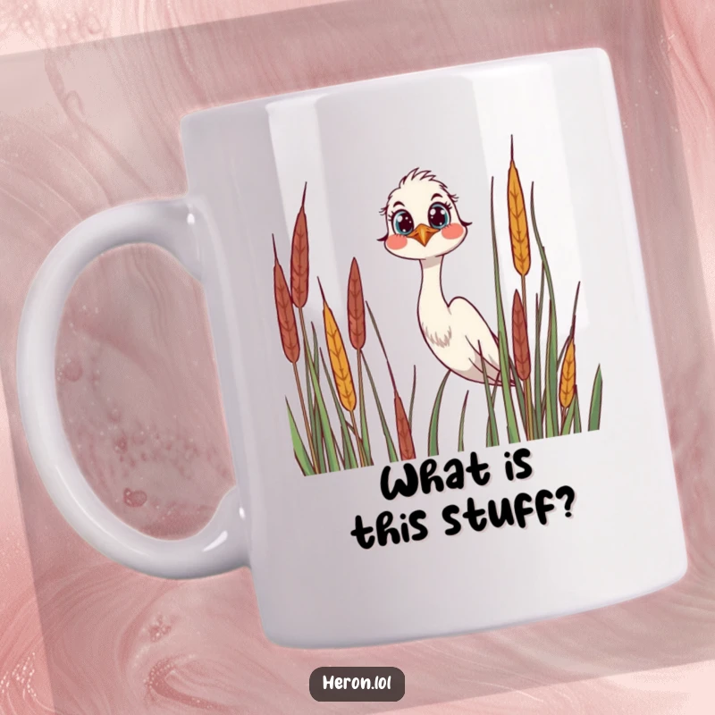 Funny Mug with a joyful heron peering curiously over tall reeds, showcasing its wide, inquisitive eyes and gentle spirit.
