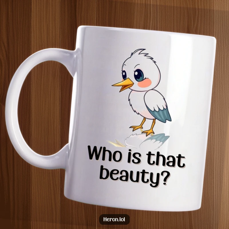 Funny mug with a cute heron bird looking astonished while staring at its own reflection in a mirror concept.
