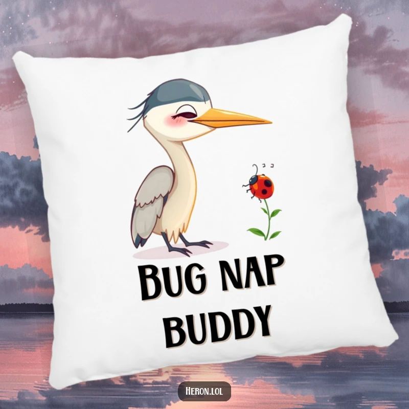 Funny Smiling Heron Pillow: Gentle heron bird smiling with a ladybug on its neck, bringing humorous comfort and charm.