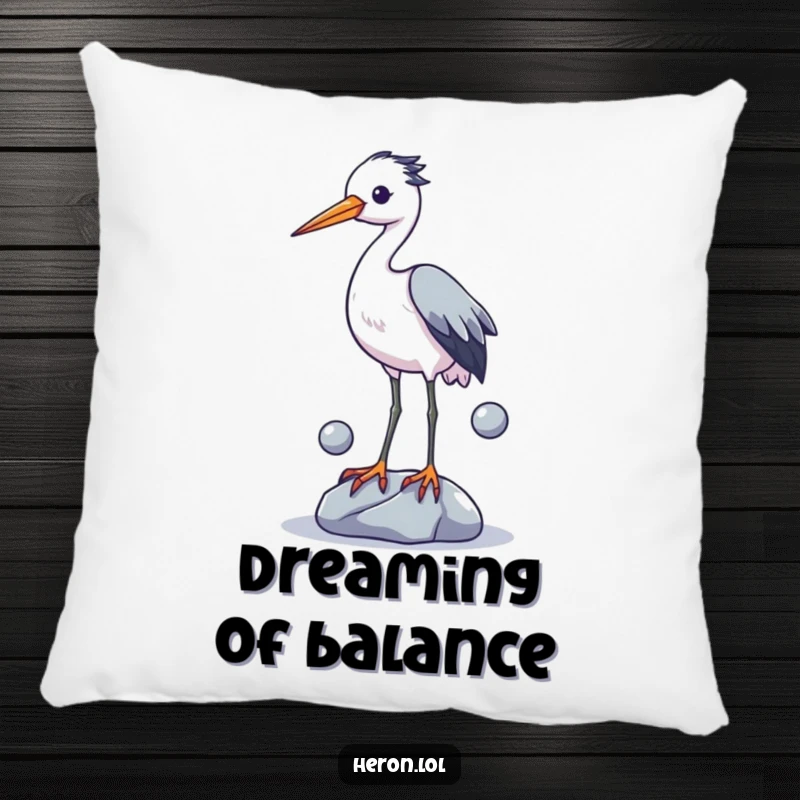 Funny pillow featuring a heron with its legs raised, comically attempting to juggle three shiny stones, perfect for adding humor to any room.