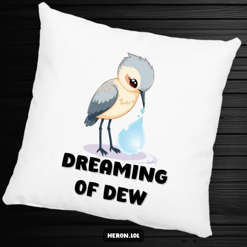 Funny Heron Pillow: A curious bird peers into a magical dewdrop, offering comfort and a touch of whimsical humor.