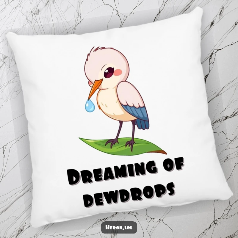 Funny pillow featuring a playful heron bird delicately sipping a dewdrop from a leaf, providing comfort and a touch of nature.
