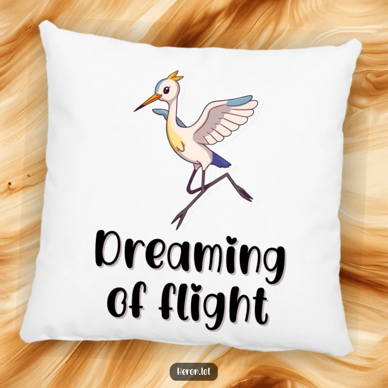 Funny Pillow design depicting a slim, long-legged heron in a graceful, high-flying leap, offering whimsical comfort and a touch of airborne humor.